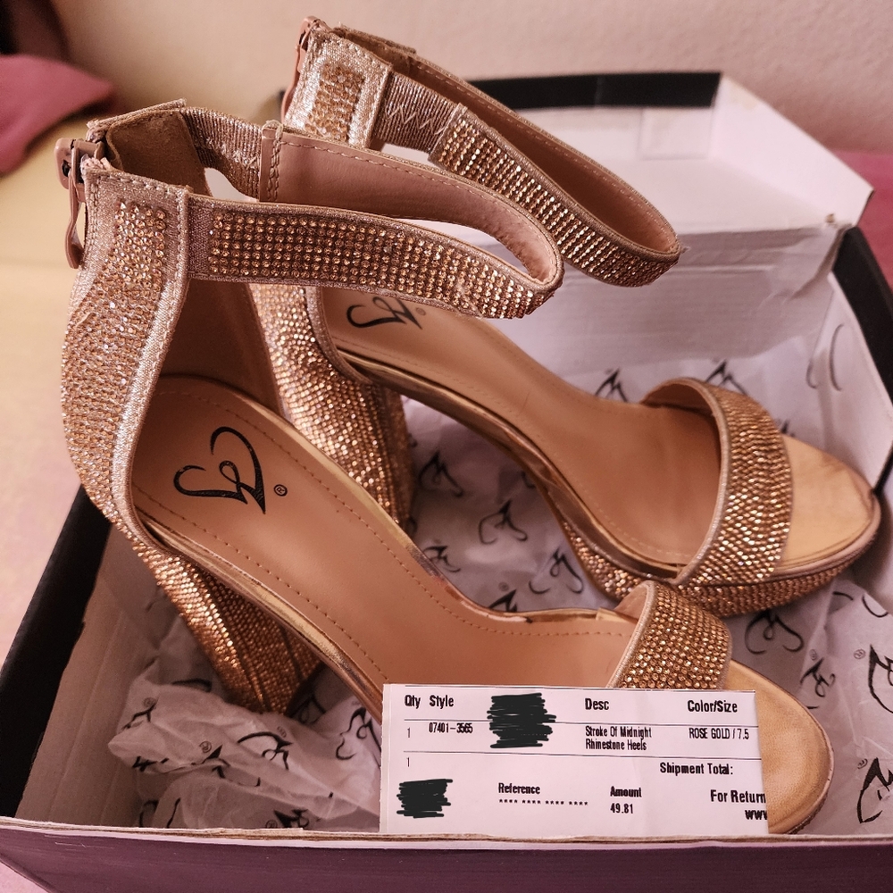 Prom Rose Gold Windsor Stroke of Midnight Rhinestone Platformed Heels Size7.5